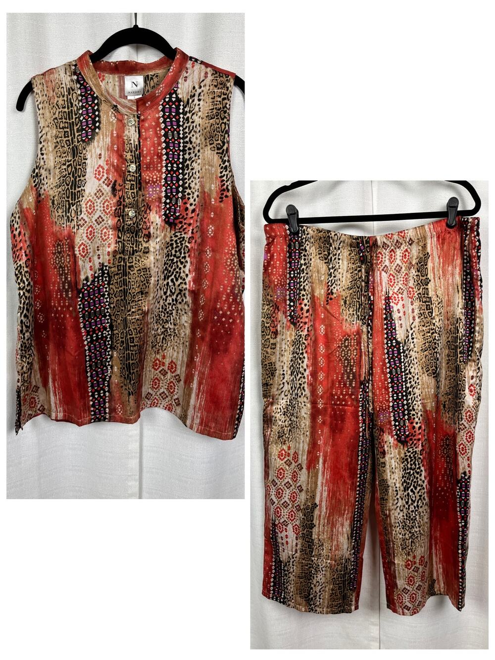 Natori Brown Animal Print Sleeveless Cropped Pants Pajama Set Sz.L